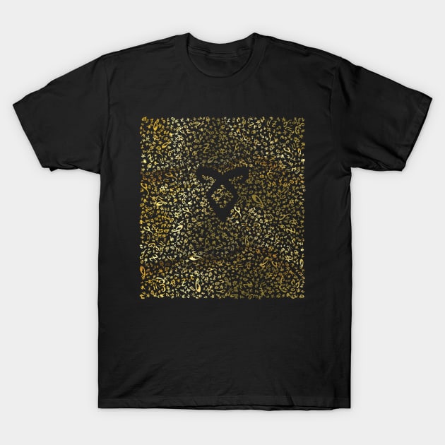 Shadowhunters rune / The mortal instruments - pattern / texture with vanishing angelic power rune (liquid gold) - Clary, Alec, Jace, Izzy, Magnus T-Shirt by Vane22april